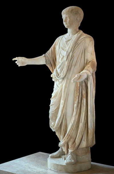 Art Rome Child kledd i toga og iført boblen (bulla), hodet er Nero-barnets hode av Roman Roman