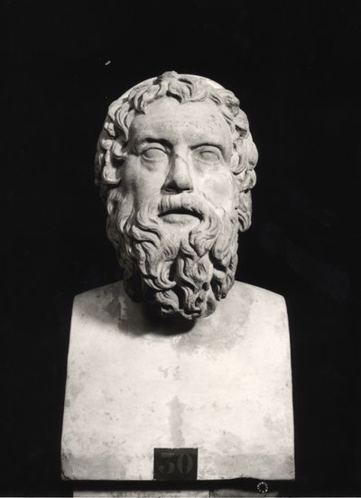 Byste av Aristofanes (ca. 445-c.385 f.Kr.) (marmor) (s/hvitt-bilde) av Roman Roman