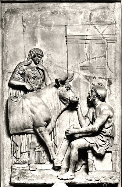 Daedalus bygger en ku for Pasiphae, mellom 1. og 3. århundre e.Kr. (stein) (s/hvitt foto) av Roman Roman