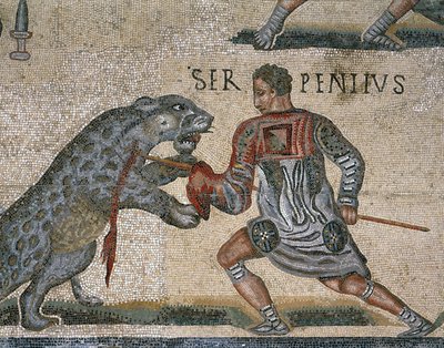 Detalj av en mosaikk av en gladiatorkamp, opprinnelig fra Torre Nuova av Roman Roman