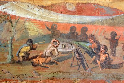 Detalj av et maleri som viser en scene satt på gips langs Nilen med pygmeer, 56x217 cm, fra Pompeii, UNESCOs verdensarvliste av Roman Roman