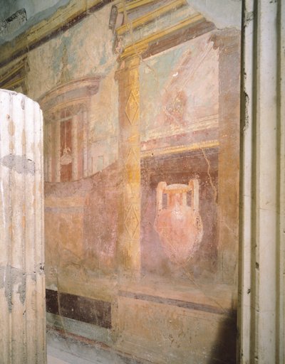 Detalj av fresker i tricliniumhallen, House of Labyrinth, Pompeii, Campania, romersk sivilisasjon av Roman Roman
