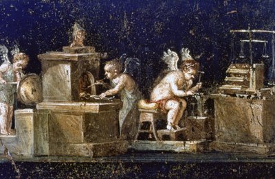 Utgravninger i Pompei: Veggmaleri fra huset til Vetti som viser amoriner som gullsmeder, avdekket under utgravningene. Pompei ble ødelagt av Vesuvs utbrudd i 79 e.Kr. av Roman Roman