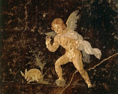 Freske som viser Amor som jakter på en hare fra Pompeii, Napoli-provinsen, Italia, romersk sivilisasjon av Roman Roman