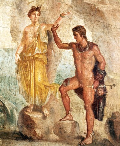 Fresco som viser Perseus og Andromeda, maleri på gips av Roman Roman