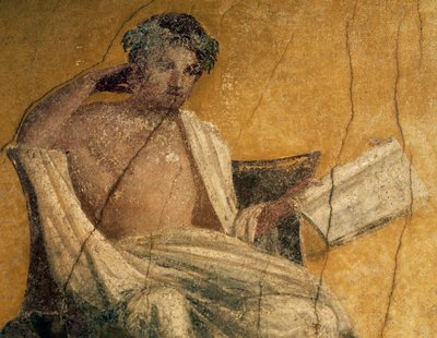 Gresk dramatiker Menander, detalj fra freskomaleri, peristyle av House of Menander, Pompeii, Campania, Italia, romersk sivilisasjon av Roman Roman