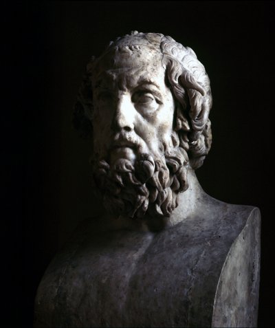 Imaginært portrett av blinde Homer. Reproduksjon av den hellenistiske perioden av en byste fra det 2. århundre f.Kr. Musée du Louvre Paris av Roman Roman