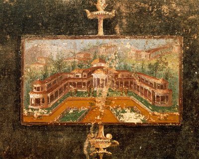 Landskap og arkitektur i veggmaleri i tablinum, 3. Pompeiansk stil, House of Marco Lucrezio Fronto, fra Pompeii, Campania, Italia av Roman Roman