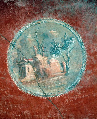 Medaljong som viser landskap på gul bakgrunn, freskomaleri fra House of Menander, Pompeii, Campania, romersk sivilisasjon av Roman Roman