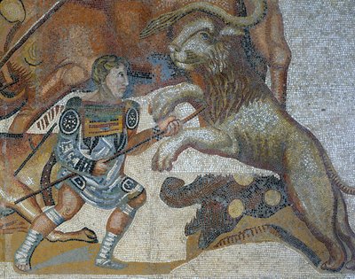 Mosaikk som viser en scene av en villdyrjakt, detalj av en gladiator som dreper et vilt dyr av Roman Roman