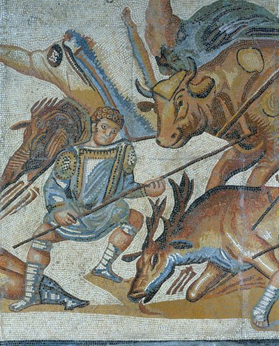 Mosaikk som viser en scene av en villdyrjakt, detalj av en gladiator som dreper et dyr av Roman Roman