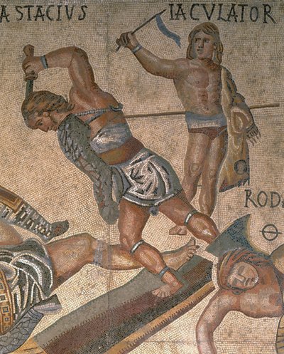 Mosaikk med en scene med kamp mot gladiatorer, detalj av en gladiator kledd i rustning av Roman Roman