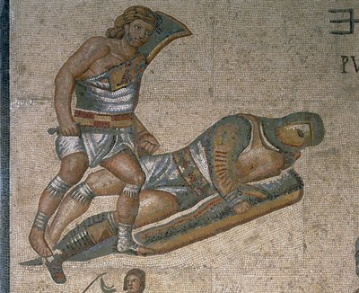 Mosaikk med en scene med kamp mot gladiatorer, detalj av en gladiator kledd i rustning av Roman Roman