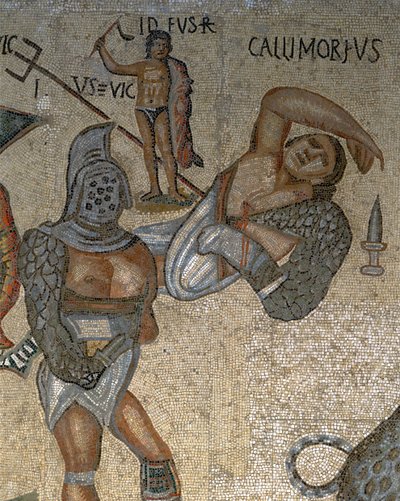 Mosaikk med en scene med kamp mot gladiatorer, detalj av en gladiator kledd i rustning av Roman Roman
