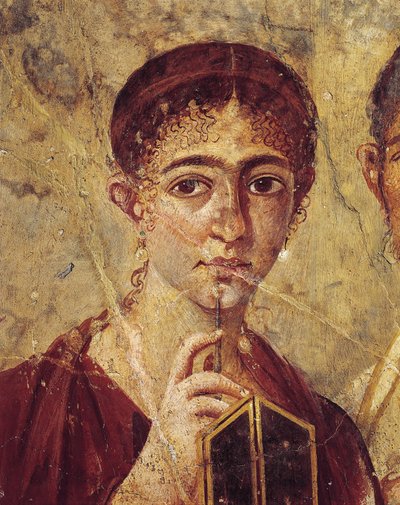 Portrett av baker Terentius Neo og hans kone i formelle klær, detalj av kona med pekepennen og diptyken åpen fra Italia, Campania, Pompeii, 55-79 e.Kr., maleri på gips av Roman Roman
