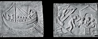 Relieff som viser et handelsskip (Museo Nazionale, Roma) og relieff som viser lossing av et skip (Museo Torlonia, Roma) 3. eller 4. århundre (stein) (s/hv foto) av Roman Roman