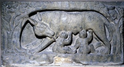 Relieff i kalkstein av Lupercal (navnet på en hule i Roma): ulv med Romulus og Remus, Museum of Avenches. av Roman Roman