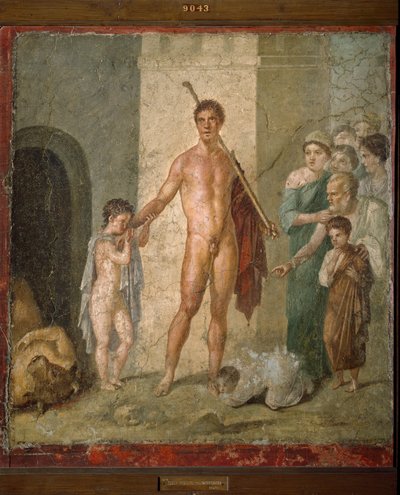 Representasjon av Thesee, heltene i gresk mytologi, som frigjør de syv unge mennene fra labyrinten etter minotaurens triumf. Freske fra Villa de Gavius Rufus i Pompei. Dim. 88x97 cm Arkeologisk museum i Napoli - romersk kunst: representasjon o av Roman Roman