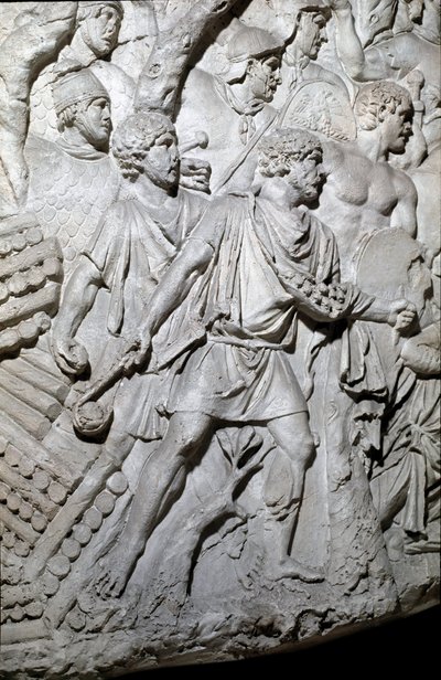 Romersk kunst: "" Dacian-krigere ved hjelp av en steinkaster (spyd) under den første krigen i Dacia"" Form fra 1862 som gjengir basrelieffene av søylen til Trajan (søylen Trajane) (Colonna Traiana) i Roma bygget under regjeringen av Keiser Trajan (53-117). av Roman Roman