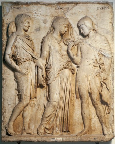 Romersk kunst: "" Orphee, Eurydice og Hermes "" "Marmorrelieff fra en gresk original. Napoli, Nasjonalt arkeologisk museum av Roman Roman