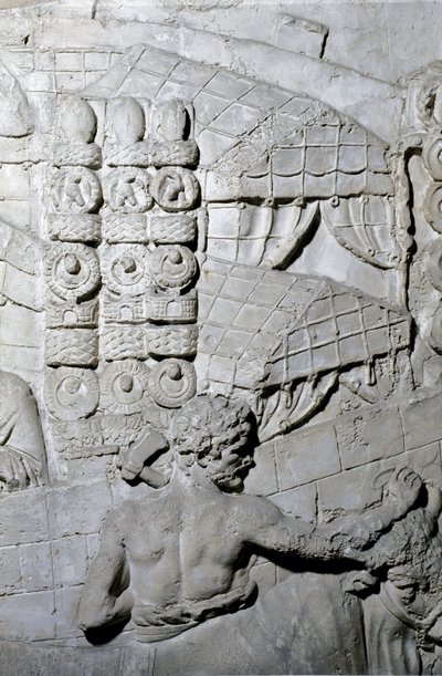 Romersk kunst: "" romersk leirsted"" Form fra 1862 som gjengir basrelieffene av søylen til Trajan (søylen Trajane) (Colonna Traiana) i Roma bygget under keiser Trajans regjeringstid (53-117). Trajane-søylen minnes de seirende kampanjene til av Roman Roman