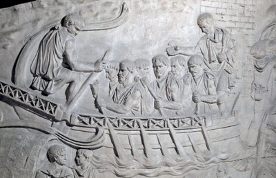 Romersk kunst: "" Romerske soldater på en bysse på Donau under den første krigen i Dacia"" Form fra 1862 som gjengir basrelieffene av søylen til Trajan (søylen Trajane) (Colonna Traiana) i Roma bygget under keiserens regjeringstid Trajan (53-117). Trajaen av Roman Roman