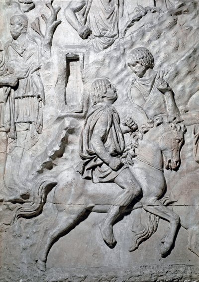 Romersk kunst: "" en numid rytter som rir trodde"" Form fra 1862 som gjengir basrelieffene til søylen til Trajan (søylen Trajane) (Colonna Traiana) i Roma bygget under keiser Trajans regjeringstid (53-117). Trajane-søylen minnes det seirende kammen av Roman Roman