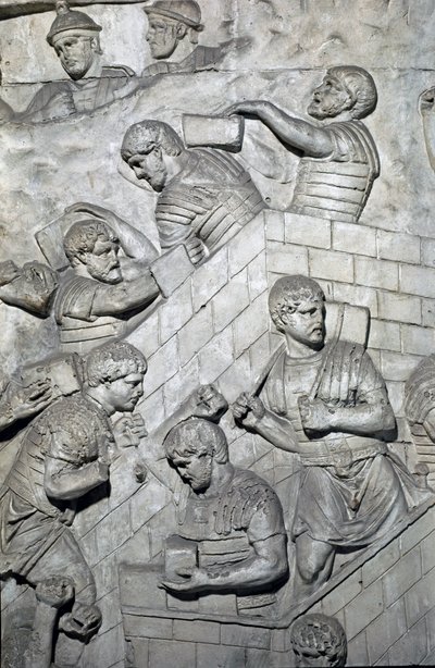 Romersk kunst: "" bygging av et fort i det romerske leirstedet"" Form fra 1862 som gjengir basrelieffene til søylen til Trajan (søylen Trajane) (Colonna Traiana) i Roma bygget under keiser Trajans regjeringstid (53-117) . Trajane-søylen minnes t av Roman Roman