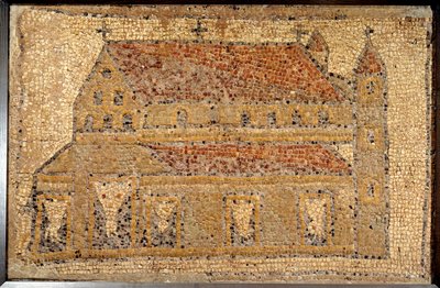 Romersk kunst: mosaikk av en basilika representert i perspektiv, 2. halvdel av 500-tallet, nær øst - Paris, Louvre - romersk kunst: mosaikk av Qabr Hiram nær Tyrus i Fønikia, fra en tidlig bysantinsk (paleokristen) kirke viet til Saint Christop av Roman Roman