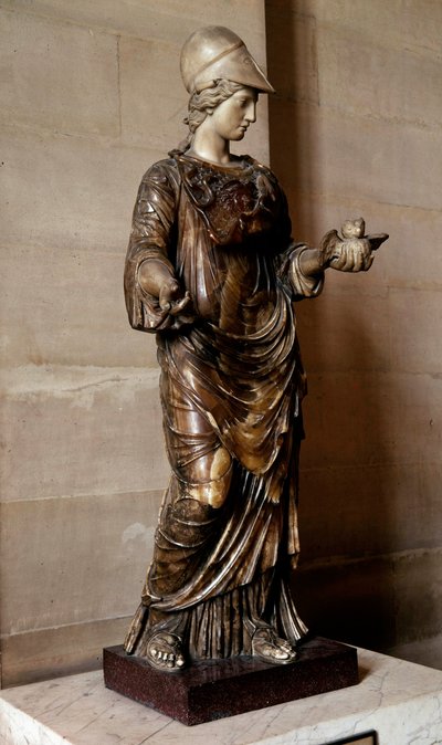 Romersk antikk: statue av Minerva drapert og dekket med egiden som holder en ugle i hånden. Skulptur i albaster og marmor. Hun er identifisert med den greske gudinnen Athena. Søn 1.33 m. Paris, Louvre-museet av Roman Roman