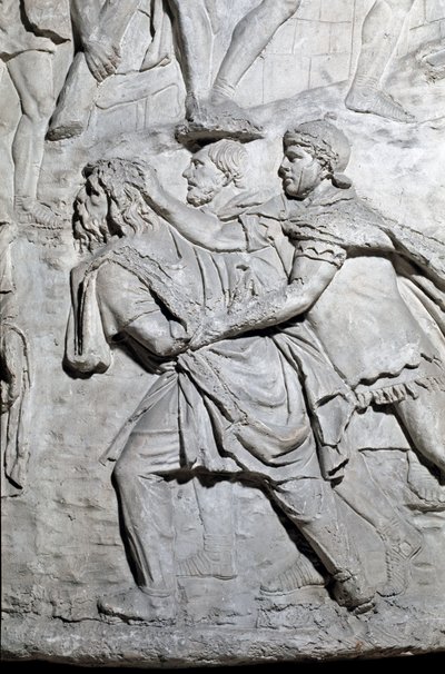 Romersk kunst: "" en dace soldat fange av romerske soldater""" Form fra 1862 som gjengir basrelieffene av kolonnen til Trajan (søylen Trajane) (Colonna Traiana) i Roma bygget under keiser Trajans (53-117) regjeringstid. . Trajane-søylen til minne om v av Roman Roman