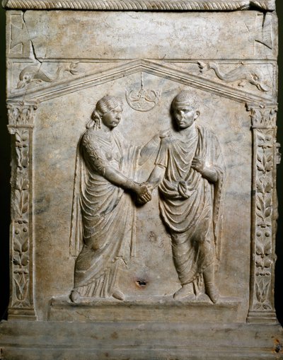 Romersk kunst: begravelsesalter dekorerer scenen for et bryllup (Junctio dextrarum). Lav lindring. Roma, Museo Nazionale Romano av Roman Roman