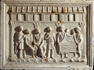 Romersk kunst: lavrelieff som representerer et stoff og billedvev. Fra en original fra det 2. århundre e.Kr. Roma Museo della Civilta Romana av Roman Roman