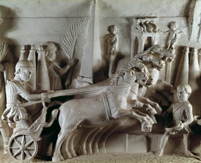 Romersk kunst: skulpturert relieff som representerer en quadrige, vogn som trekkes av fire hester. Museum for romerske antikviteter, Roma av Roman Roman
