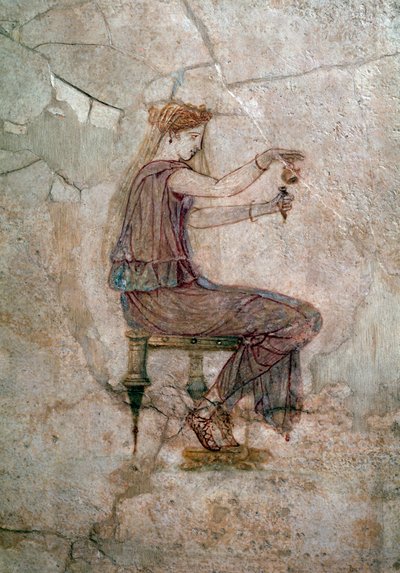 Romersk kunst: kvinne som sitter og skjenker parfyme i en vase Veggmaleri, 25 e.Kr. Fra Villa della Farnesina (romersk kunst: kvinne hellet parfyme i en vase, fra Casa della Farnesina, 25 e.Kr.) Roma, Palazzo Massimo alle Terme, National Roman Museum av Roman Roman