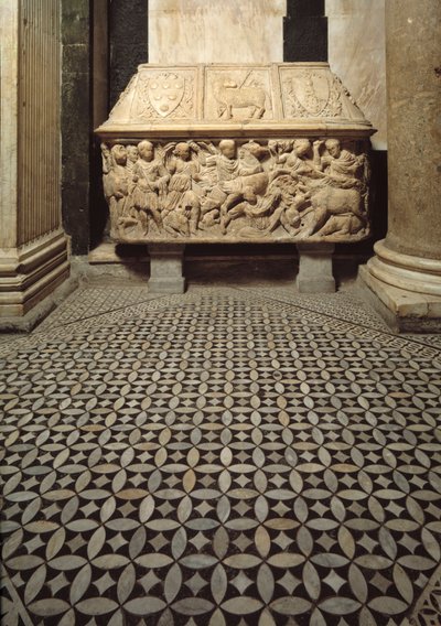 Romersk sarkofag med relieffer av villsvinjaktscene, lokk dekorerer armene til Medicis-familien av Roman Roman