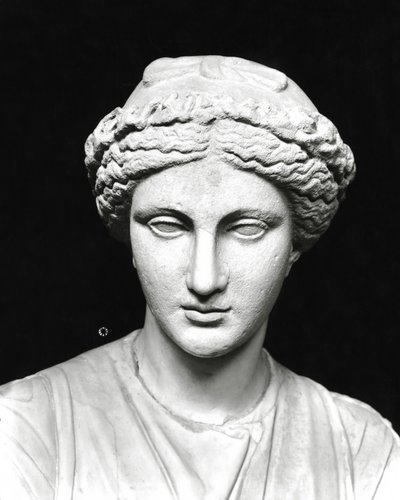 Statue av Clio som holder en rulle, detalj av hodet (stein) (s/hv-bilde) (se også 161938) av Roman Roman