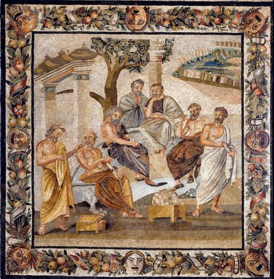 Akademiet til Platon: filosofen som sitter i sentrum, underviser en gruppe disipler fra Akademiet i Athen (grunnlagt av ham i 378 f.Kr.) - Mosaikk funnet i Boscotrecase, nå utstilt på Nasjonalmuseet, Napoli. - Platons akademi: filosofen - av Roman Roman