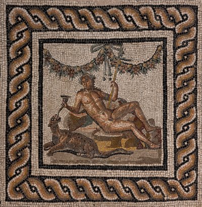 Huset til Dionysos, en av de romerske domusene til Ortaglia: detalj av mosaikkgulvet som representerer Dionysos og panteren (mosaikk) av Roman Roman
