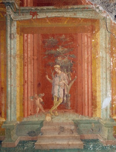 Teaterscene, freskomaleri (IV-stil) på rød bakgrunn fra House of Pinarius Cerialis, Pompeii (Unescos verdensarvliste av Roman Roman