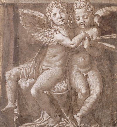 To sittende engler synger, etter Polidoro da Caravaggio (penn og brunt blekk brun vask med hvitt på gråblått papir) av Roman School