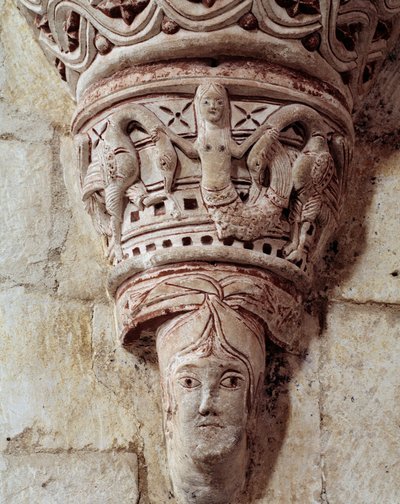 En havfrue, utskåret hovedstad i koret av Romanesque