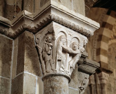 Esau kommer tilbake fra jakt og befinner seg foran sin far Isak som velsigner Jakob (utskåret hovedstad) av Romanesque