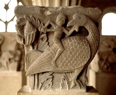 Representasjon av en kamp mellom en mann og en fugl (utskåret hovedstad i kapittelhuset) av Romanesque