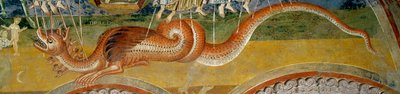 Representasjon av apokalypsen. Detalj som viser monsteret med syv hoder, gjennomboret av englers piler av Romanesque