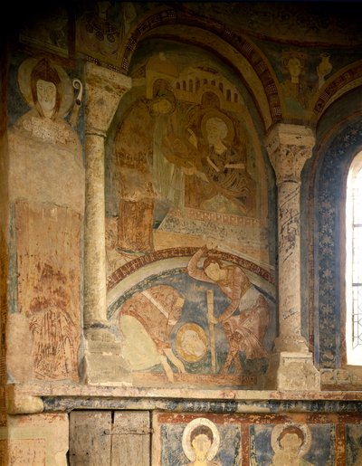 Romansk kunst: Maleri som viser martyren til Saint Laurent (1103-1130). Fresco. Chapel of the Chateau des Moines, Berze-la-Ville (Berze-la-Ville i Saone og Loire, Burgund), Frankrike. av Romanesque