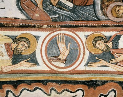 Romansk kunst: "" Guds høyre hånd og patriarkene Elijah og Henoch (eller Enok). Detalj. Freskomaleri av Leon-skolen (Spania). 1132. Helligdommen til Jomfruen til Jomfru del Camin av Romanesque