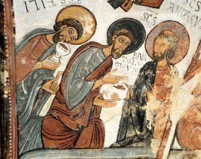 Romansk kunst: "" apostlene Philip, Barthelemy og Andre "" Fresco of the Vote of the Cene, Church of St. Isidore 12. århundre Real Colegiata of San Isidoro, Leon av Romanesque