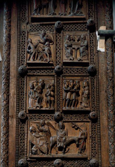 Romansk kunst: tredør fra midten av 1100-tallet til kirken St. Mary of the Capitol i Köln, Tyskland (Sankt Maria im Kapitol, Köln). Scener som skildrer kunngjøringen til hyrdene, fødselen, tilbedelsen av magiene og av Romanesque