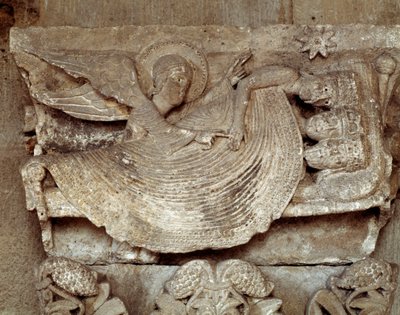 Magiene sov med en engel som vekker dem og peker mot stjernen i Betlehem (utskåret hovedstad) av Romanesque